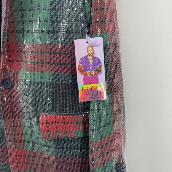 Johnny Wujek Size S Sequin Plaid Holiday Single Breasted Blazer One Button Red - Picture 4 of 11